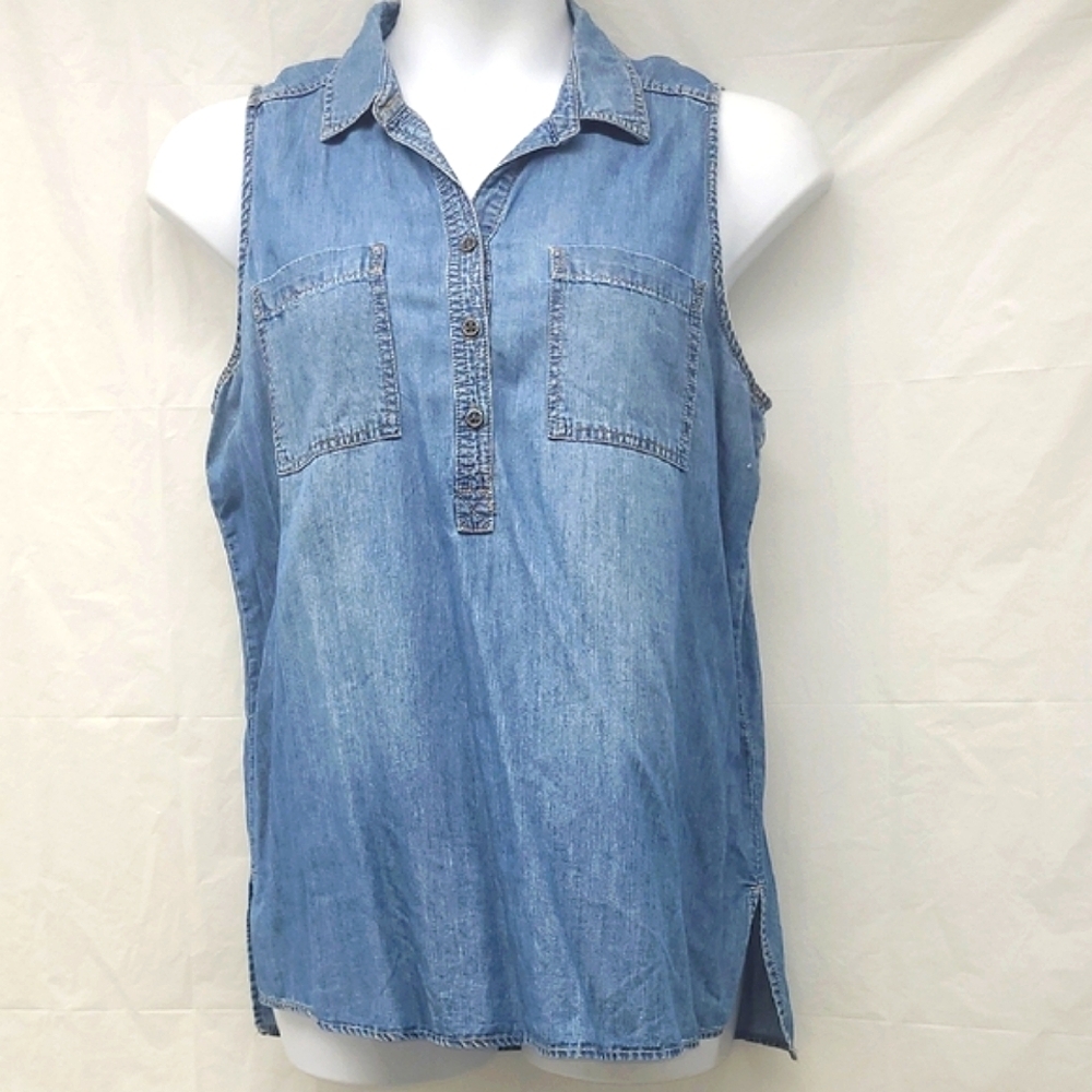 Casual Denim Sleeveless Tank Top Blouse Gorpcorp Button Up Stretch